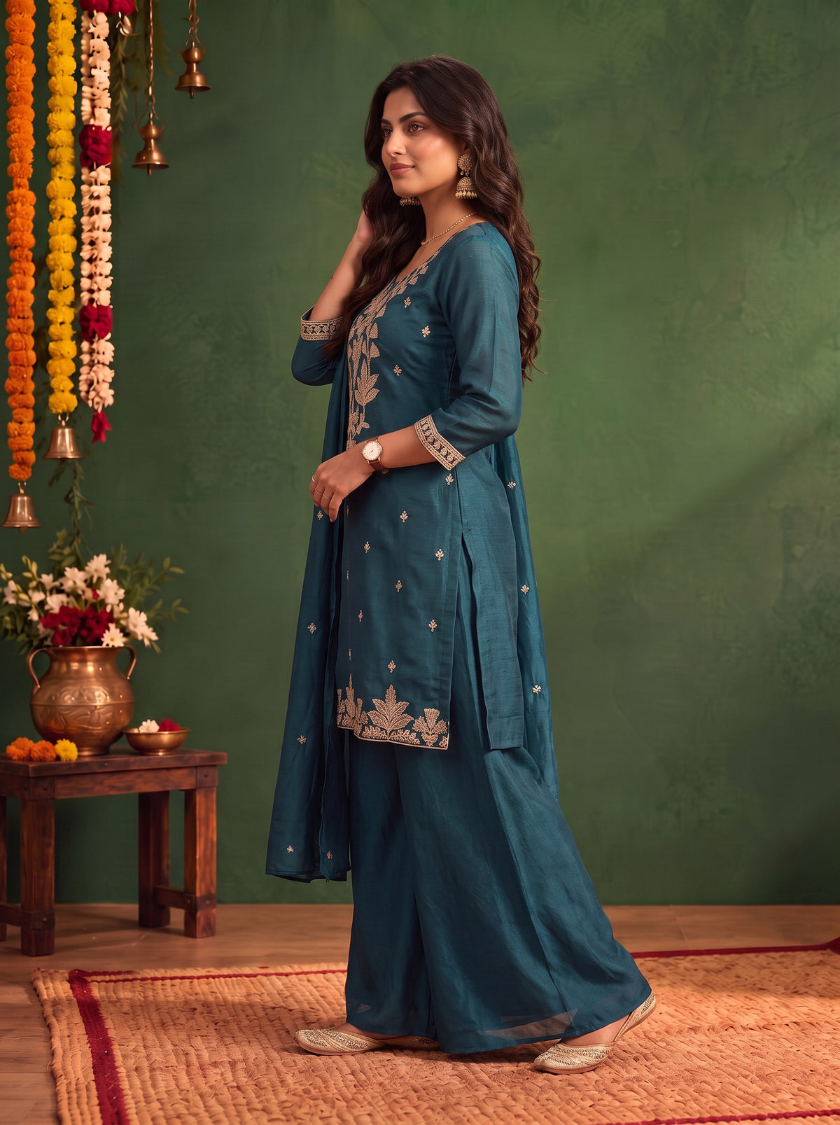 Viscose Embroidered Straight Thigh Length Kurta With Pant and Dupatta