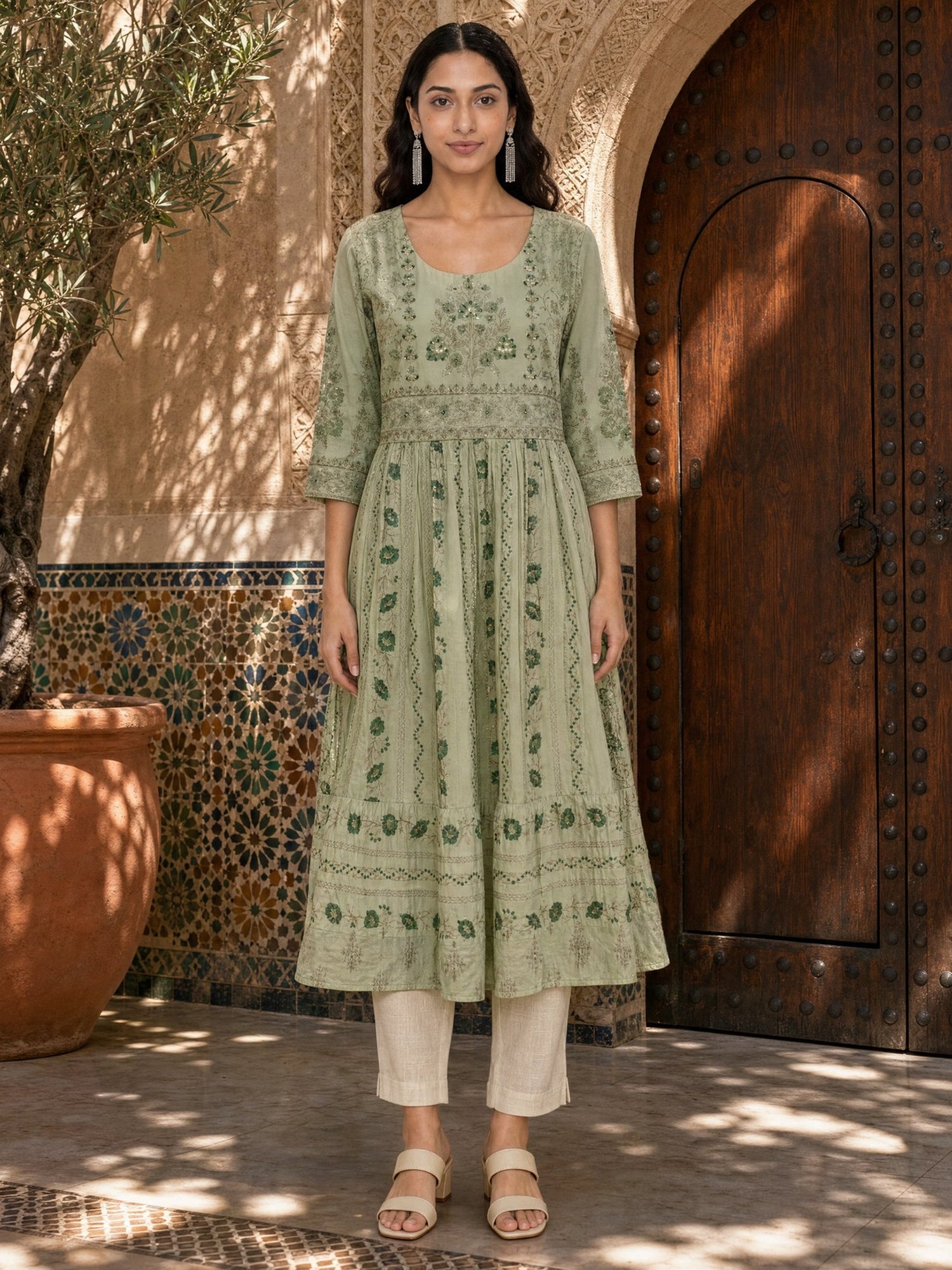 Cotton Embroidered Flared Calf Length Kurta