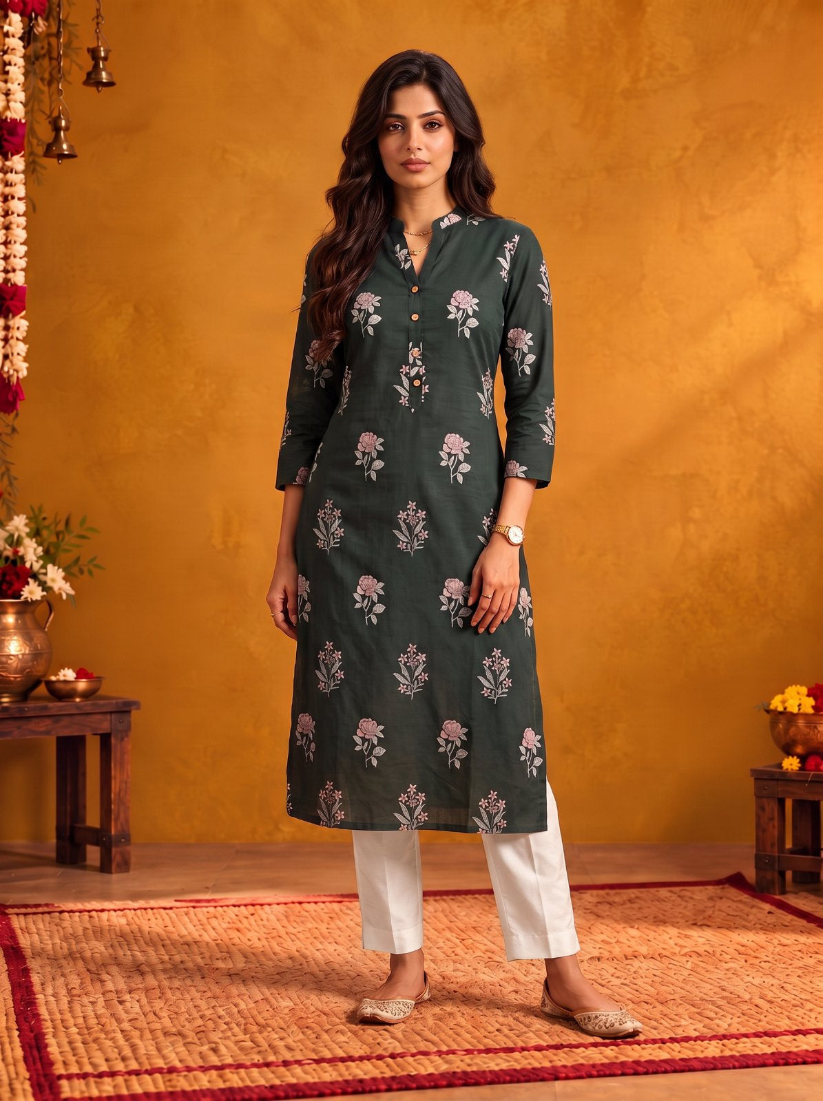 Cotton Printed Straight Calf Length Kurta
