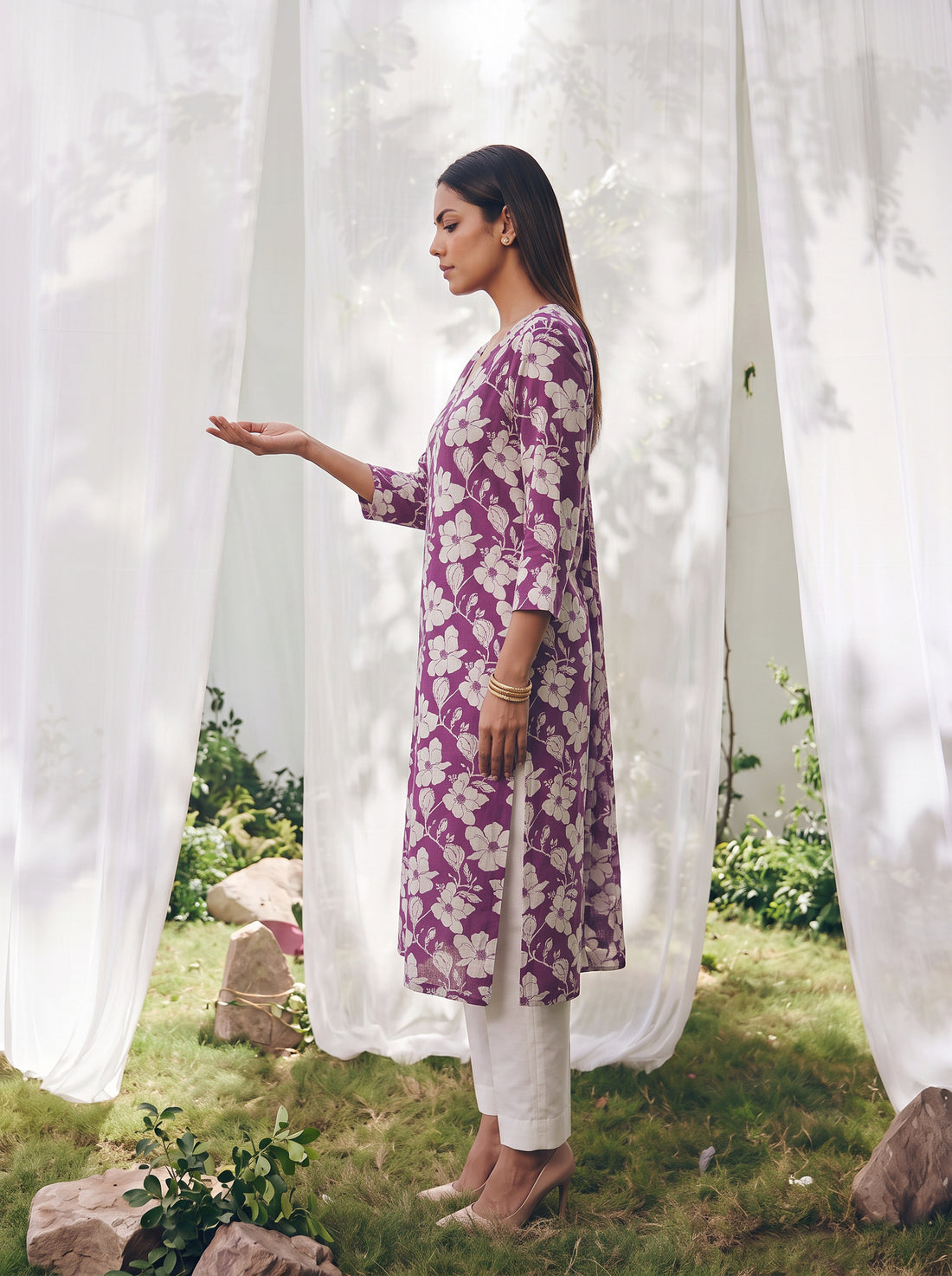 Buy Cotton Printed Straight Calf Length Kurta-Purple