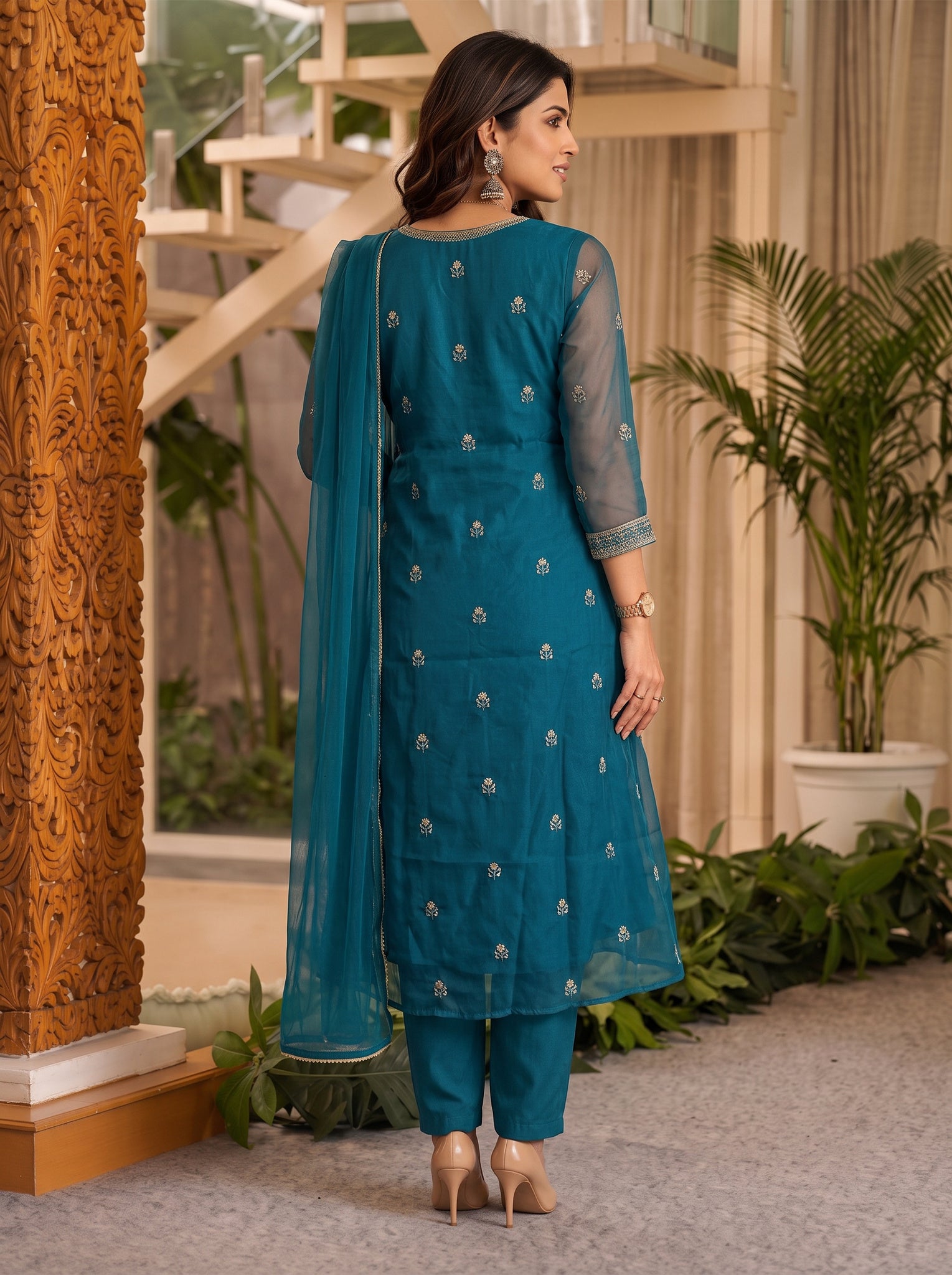 Rayon Embroidered Flared Calf Length Kurta With Pant and Dupatta