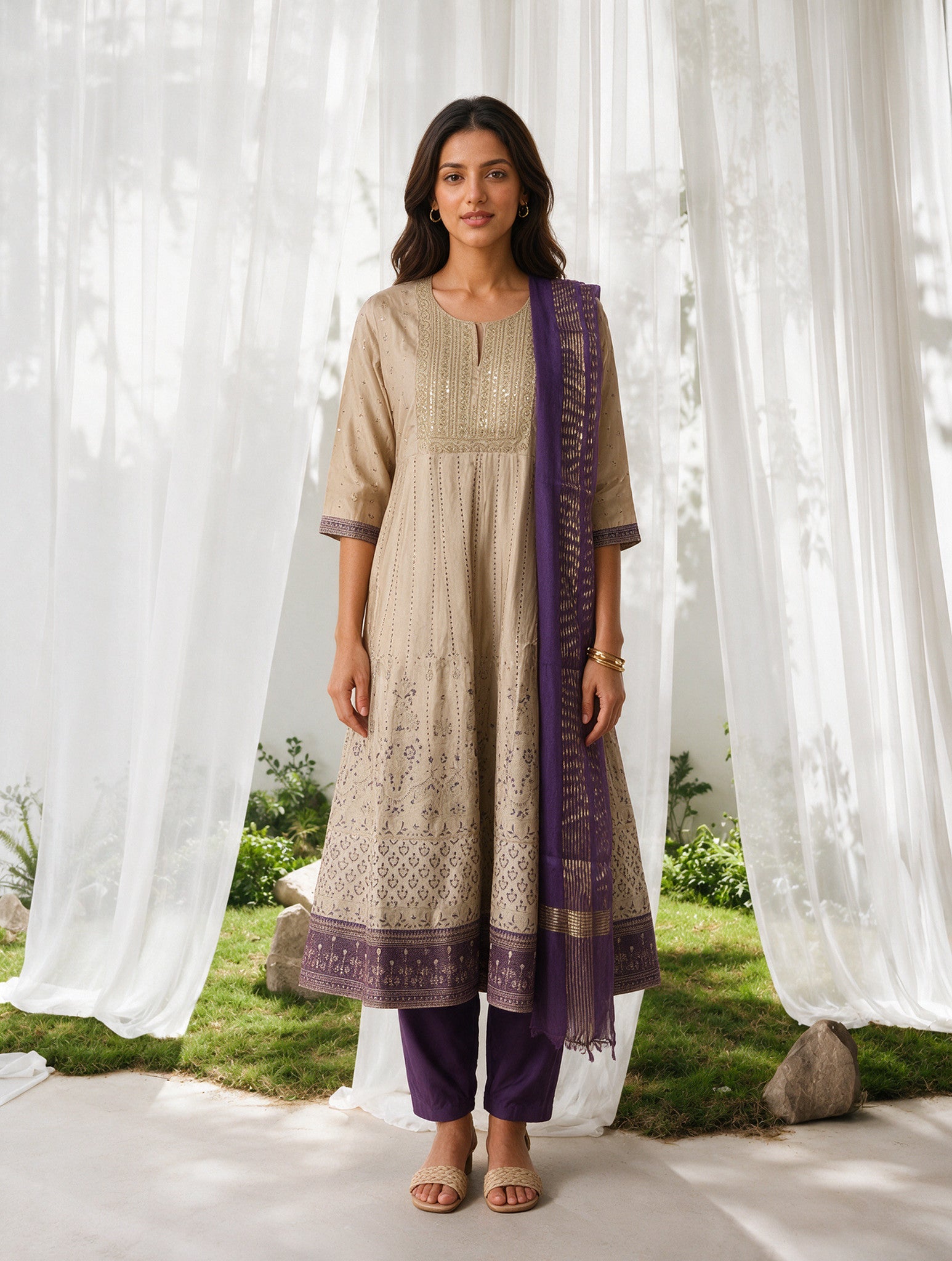 Viscose Embroidered Flared Calf Length Kurta With Pant and Dupatta