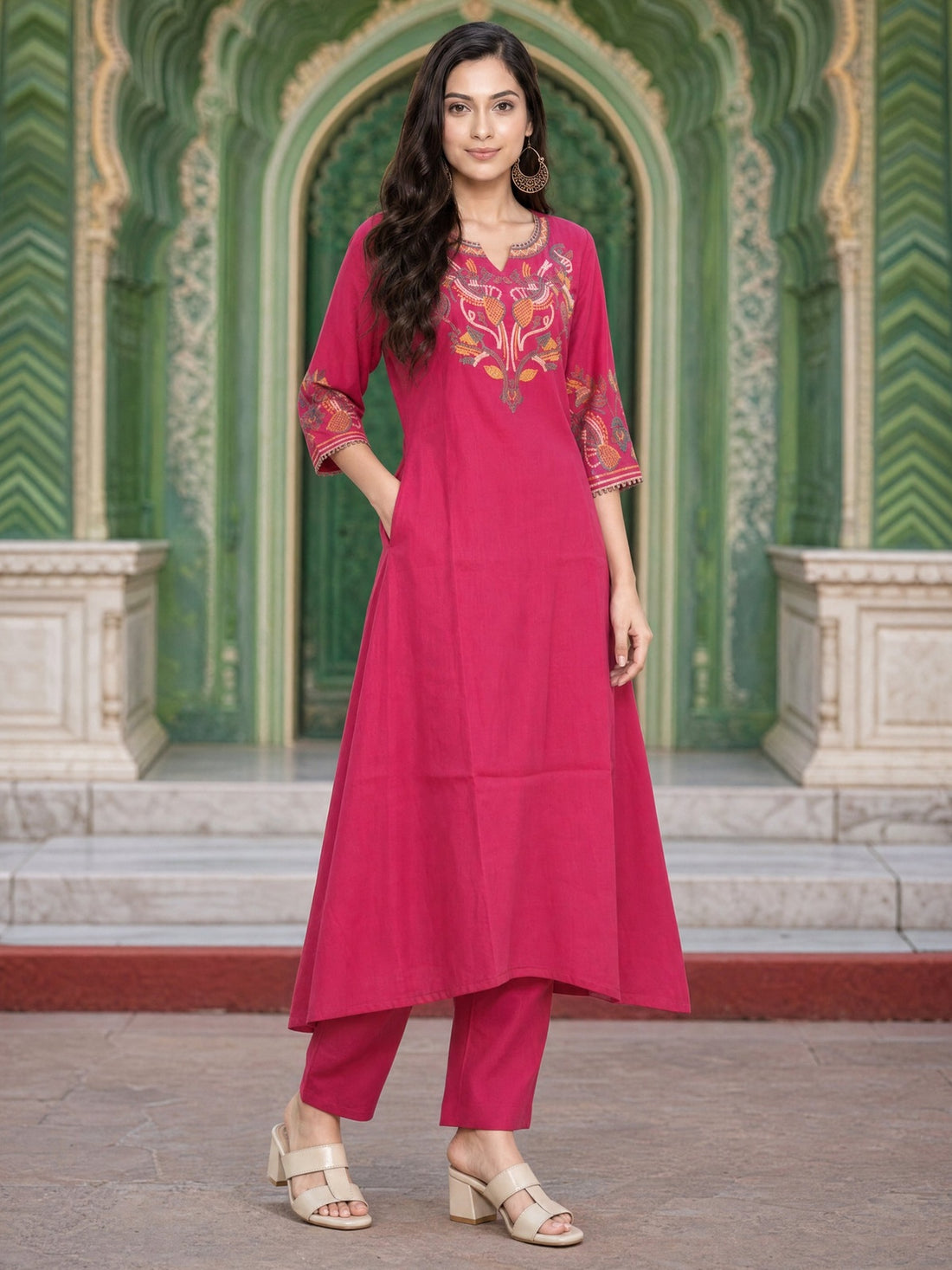 Buy Viscose Embroidered Anarkali Calf Length Kurta With Pant-Pink