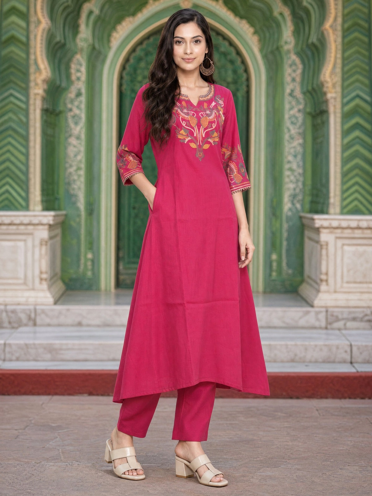 Viscose Embroidered Anarkali Calf Length Kurta With Pant