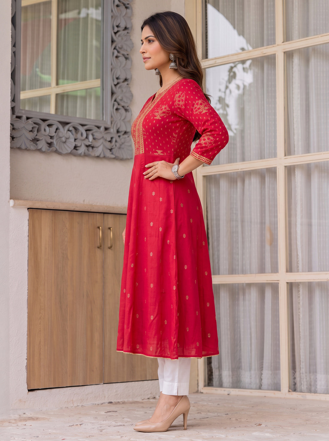 Buy Rayon Embroidered Flared Calf Length Kurta-Fuschia