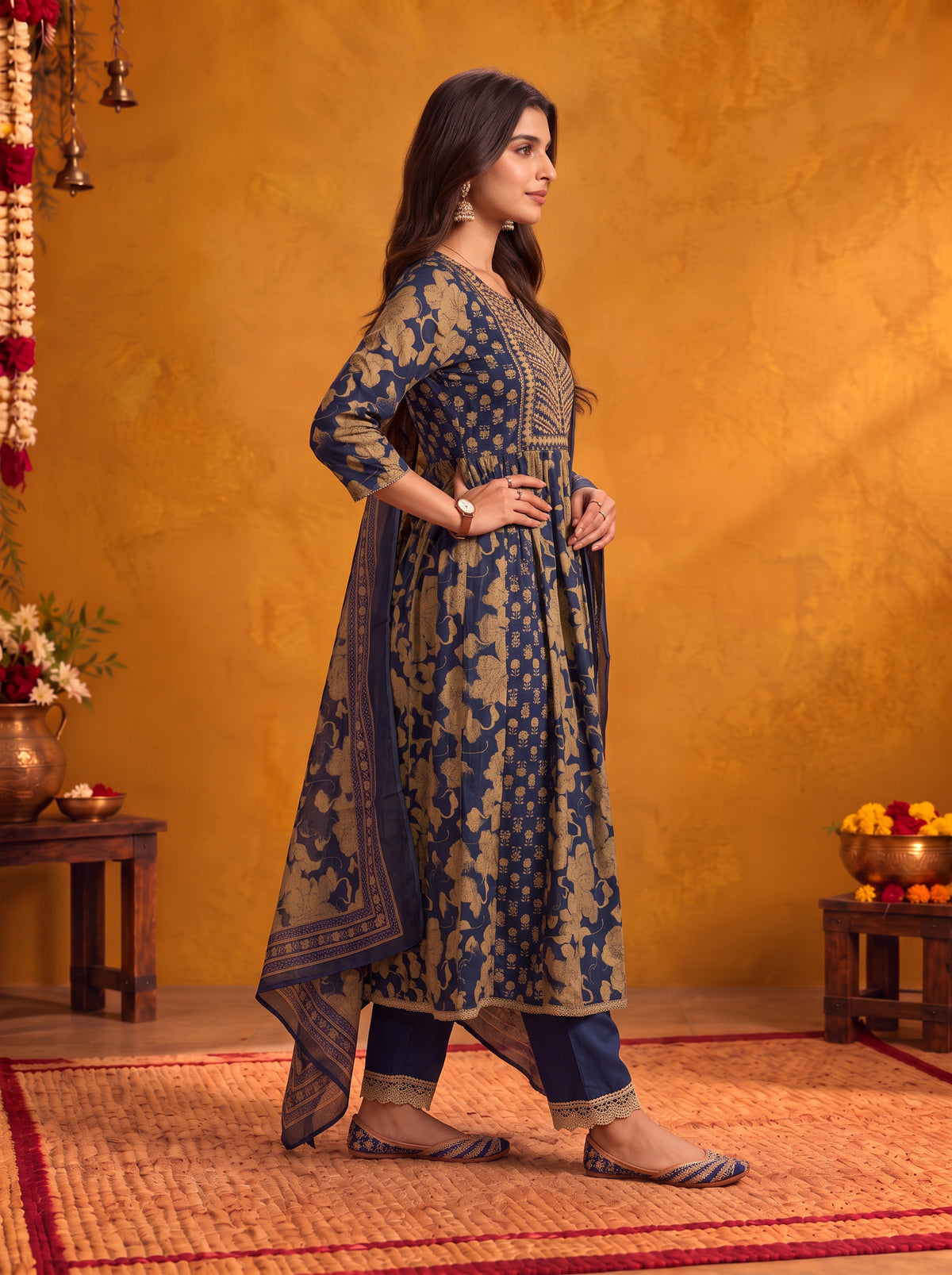 Cotton Embroidered Flared Calf Length Kurta With Pant and Dupatta