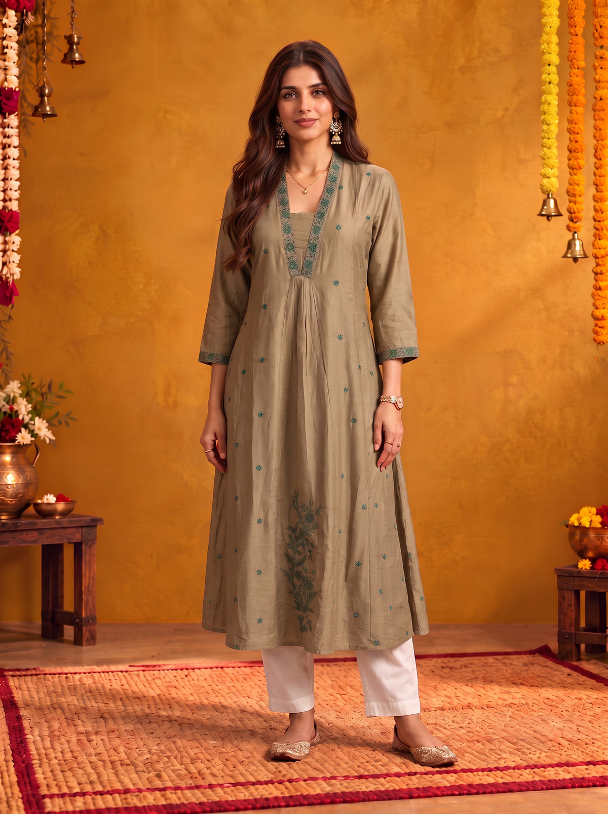 Viscose Embroidered Flared Calf Length Kurta