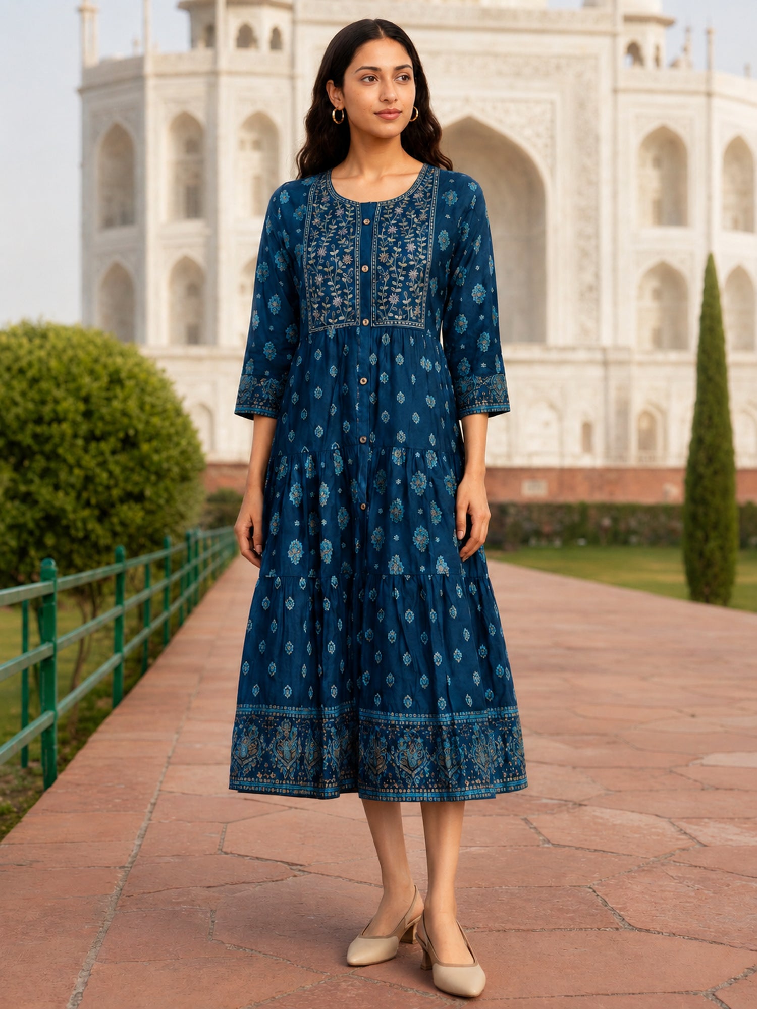 Viscose Embroidered Flared Calf Length Dress