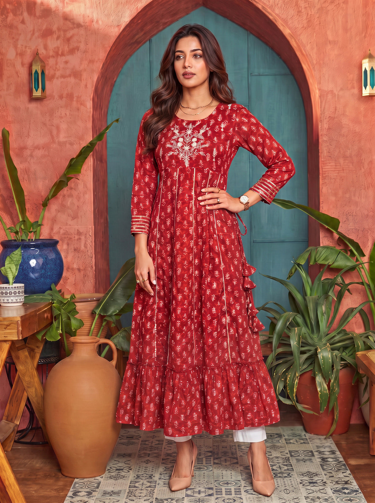 Cotton Embroidered Flared Calf Length Kurta