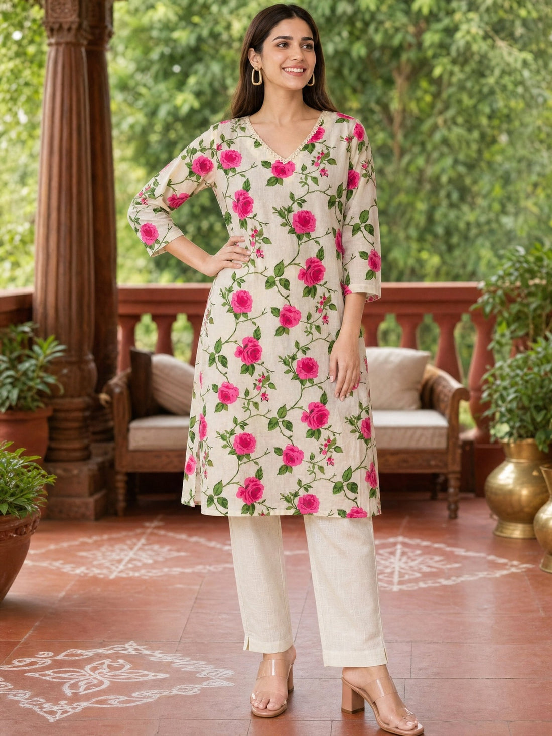 Buy Cotton Printed Straight Knee Length Kurta-Off White