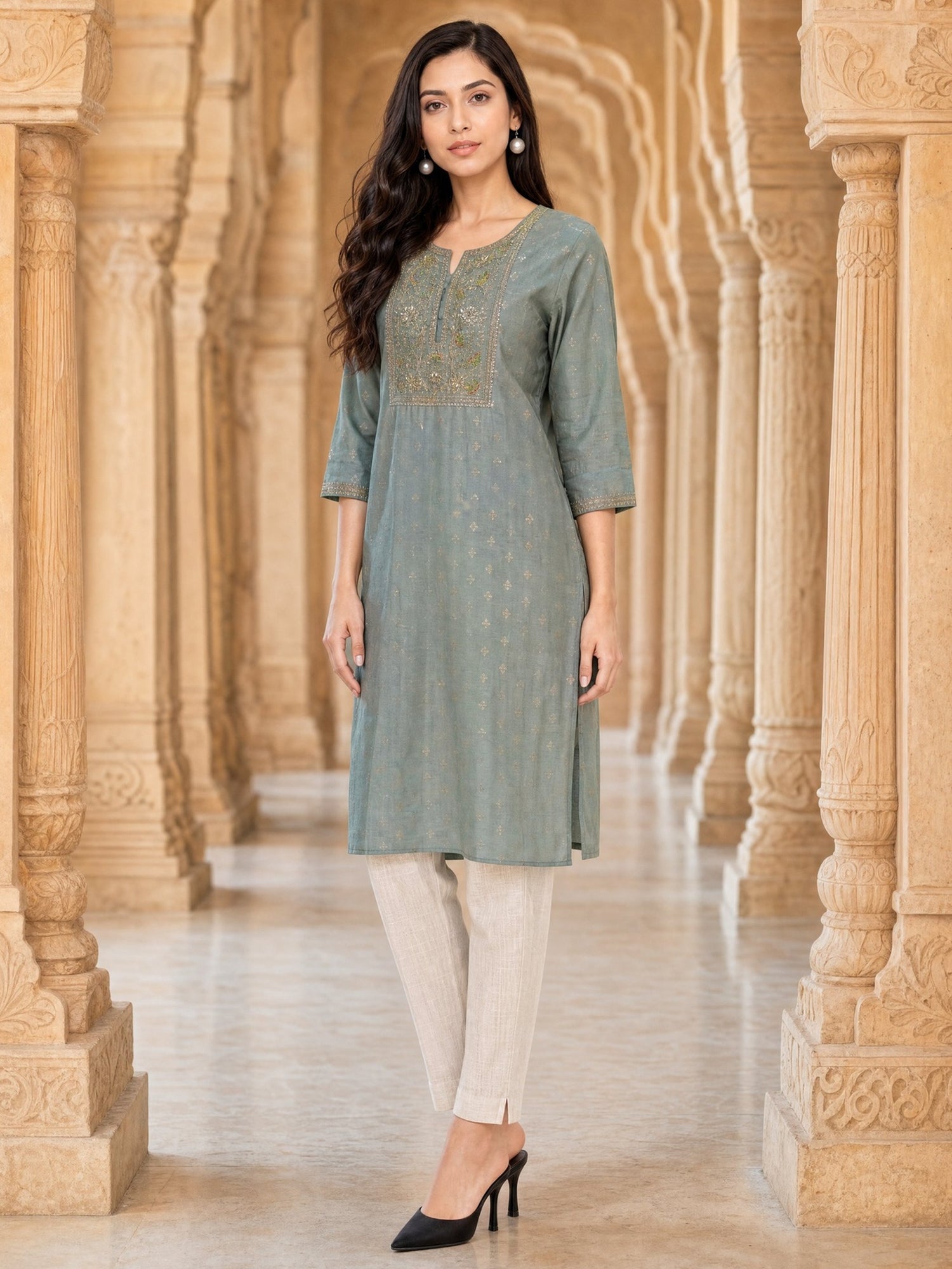 Viscose Embroidered Straight Calf Length Kurta