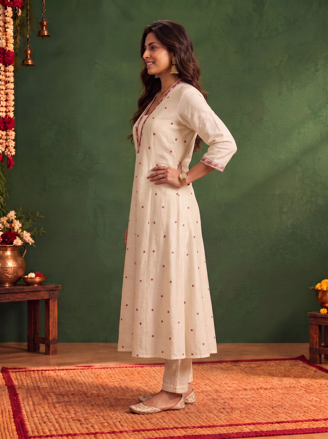 Buy Viscose Embroidered Flared Calf Length Kurta-White