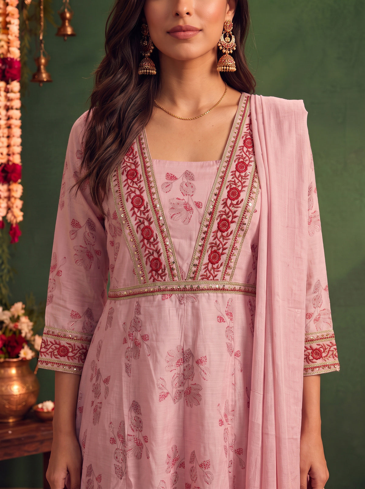 Viscose Embroidered Flared Calf Length Kurta With Pant and Dupatta
