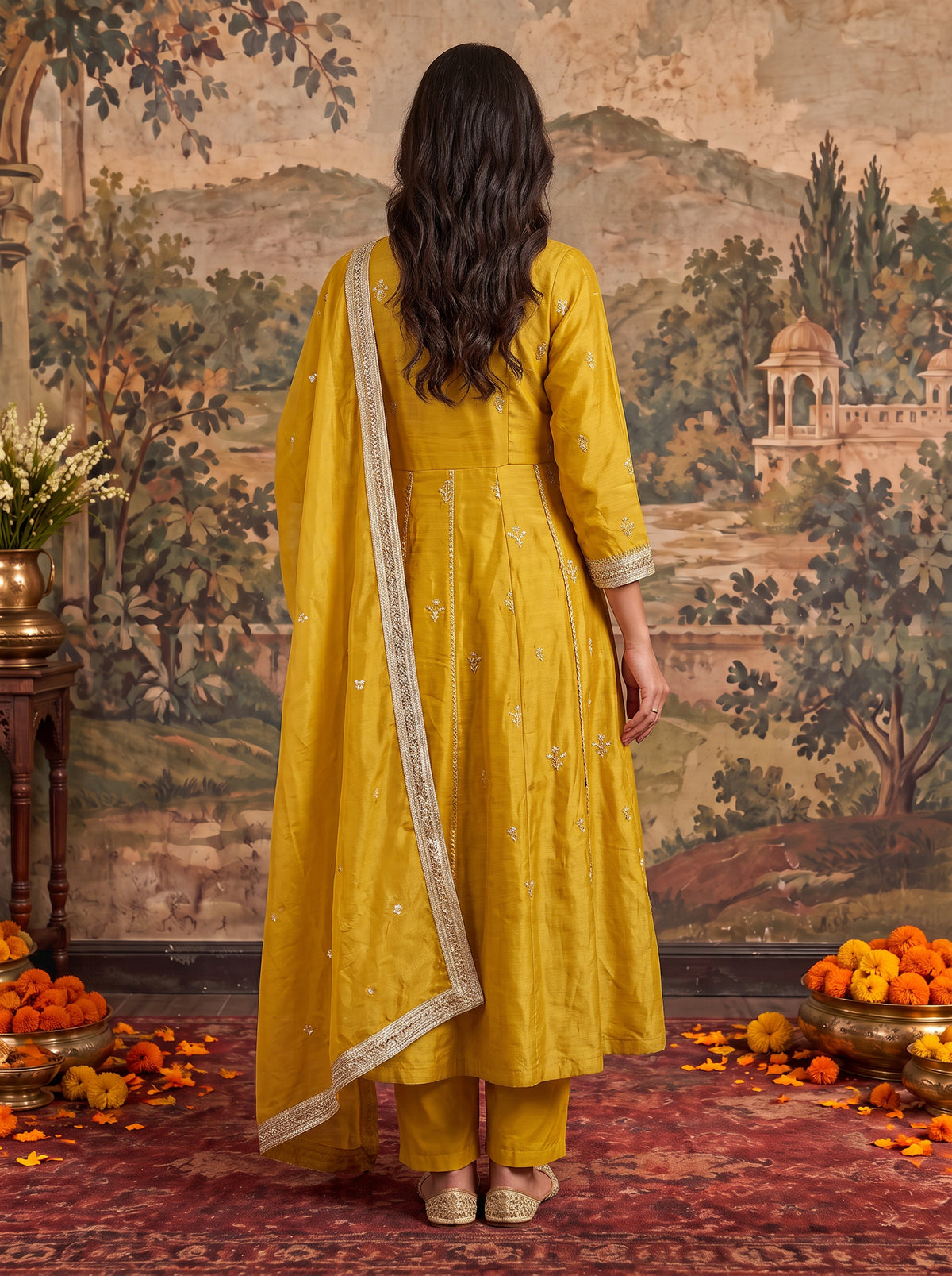 Viscose Embroidered Flared Calf Length Kurta With Pant and Dupatta