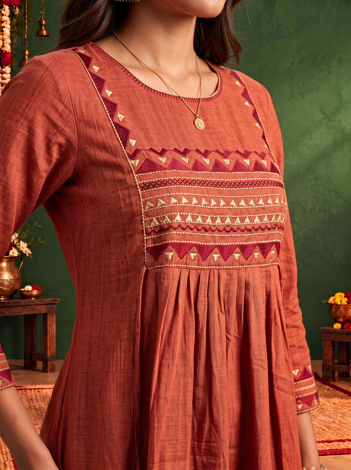 Viscose Embroidered Flared Calf Length Dress