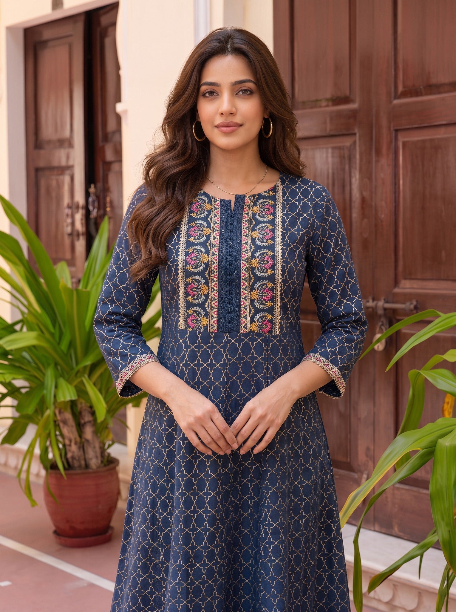 Viscose Embroidered Straight Calf Length Kurta
