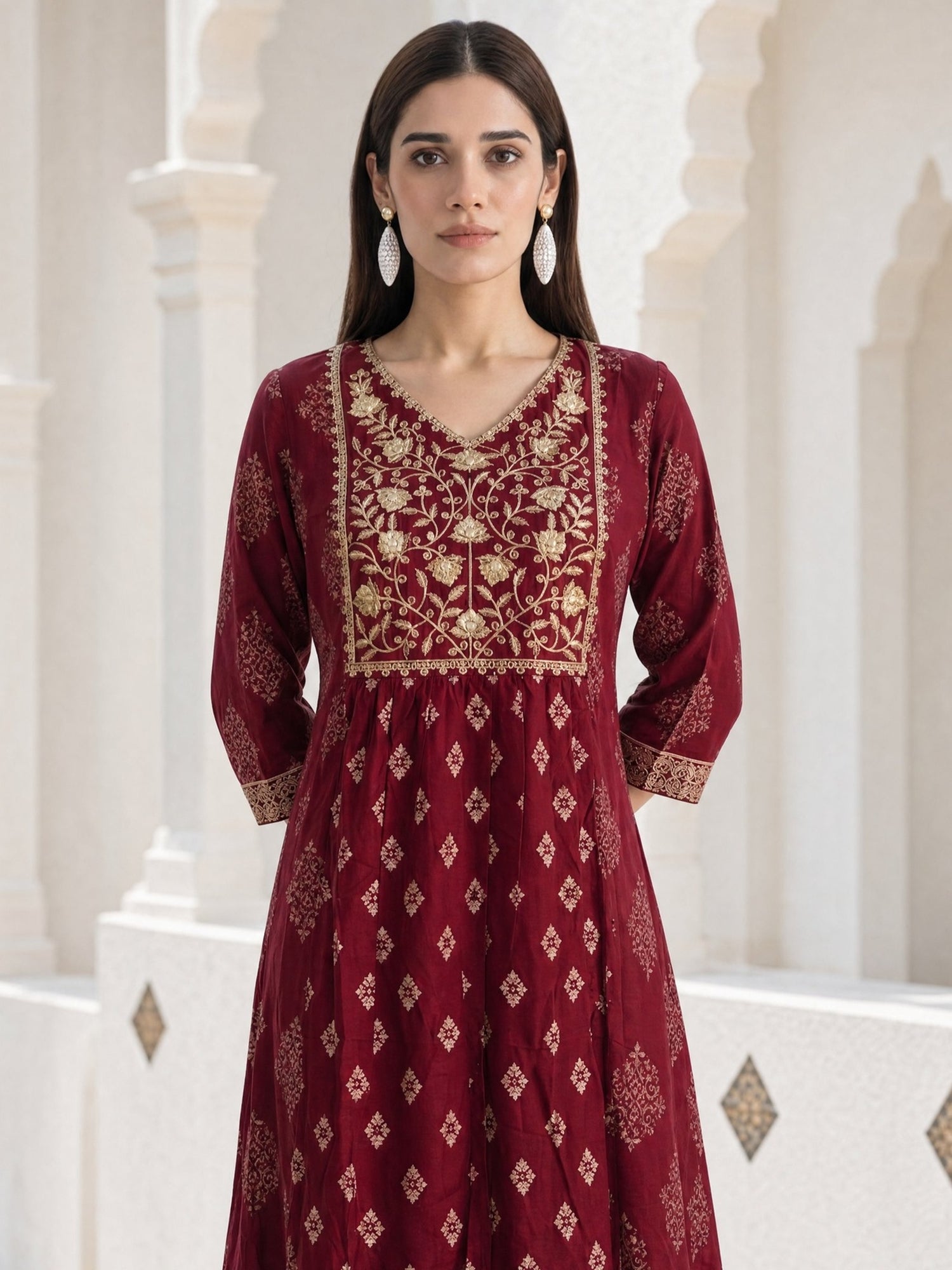 Rayon Embroidered Flared Calf Length Kurta
