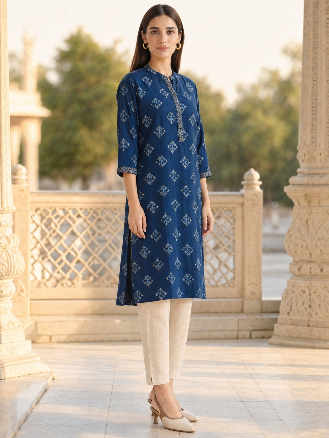 Buy Rayon Printed Straight Knee Length Kurta-Blue