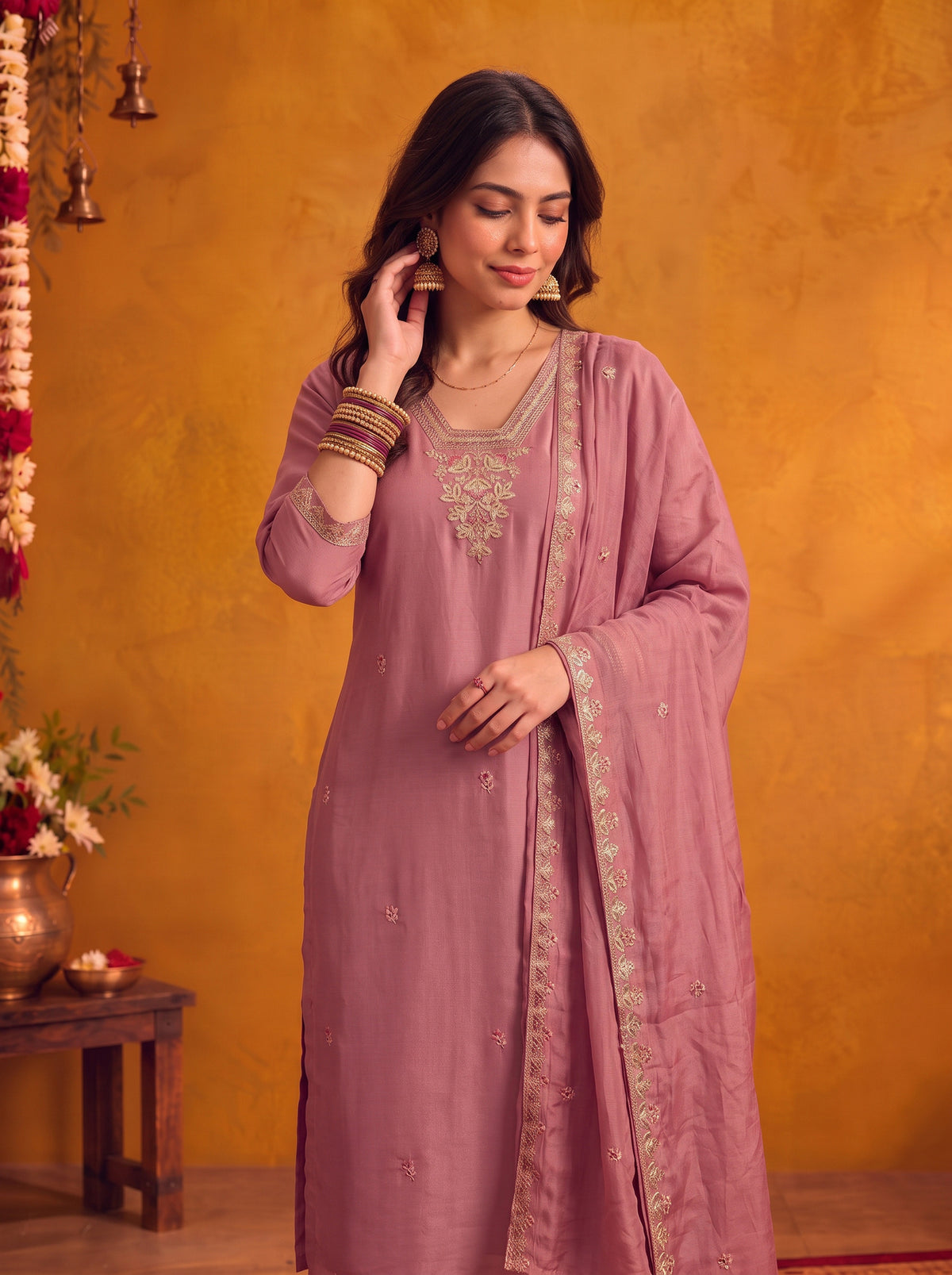 Chanderi Embroidered Straight Calf Length Kurta With Pant and Dupatta