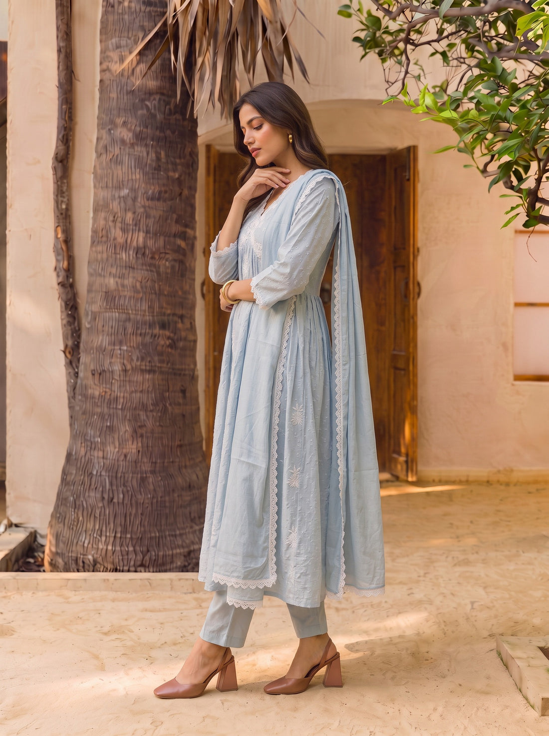 Buy Cotton Embroidered Straight Calf Length Kurta With Pant-Light Blue