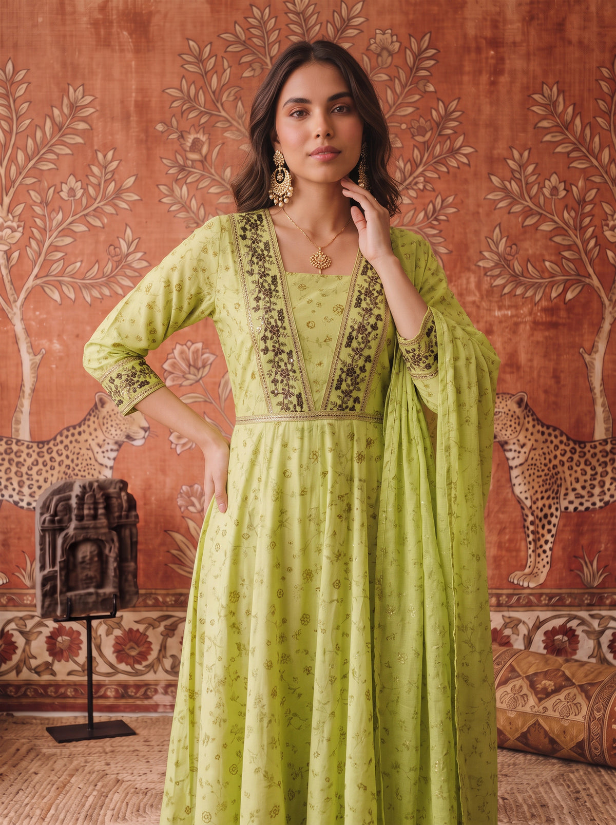 Viscose Embroidered Flared Calf Length Kurta With Pant and Dupatta