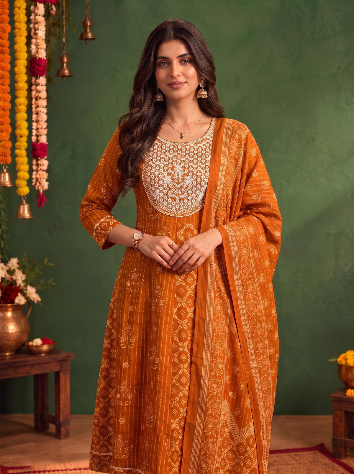 Cotton Embroidered Flared Calf Length Kurta With Pant and Dupatta