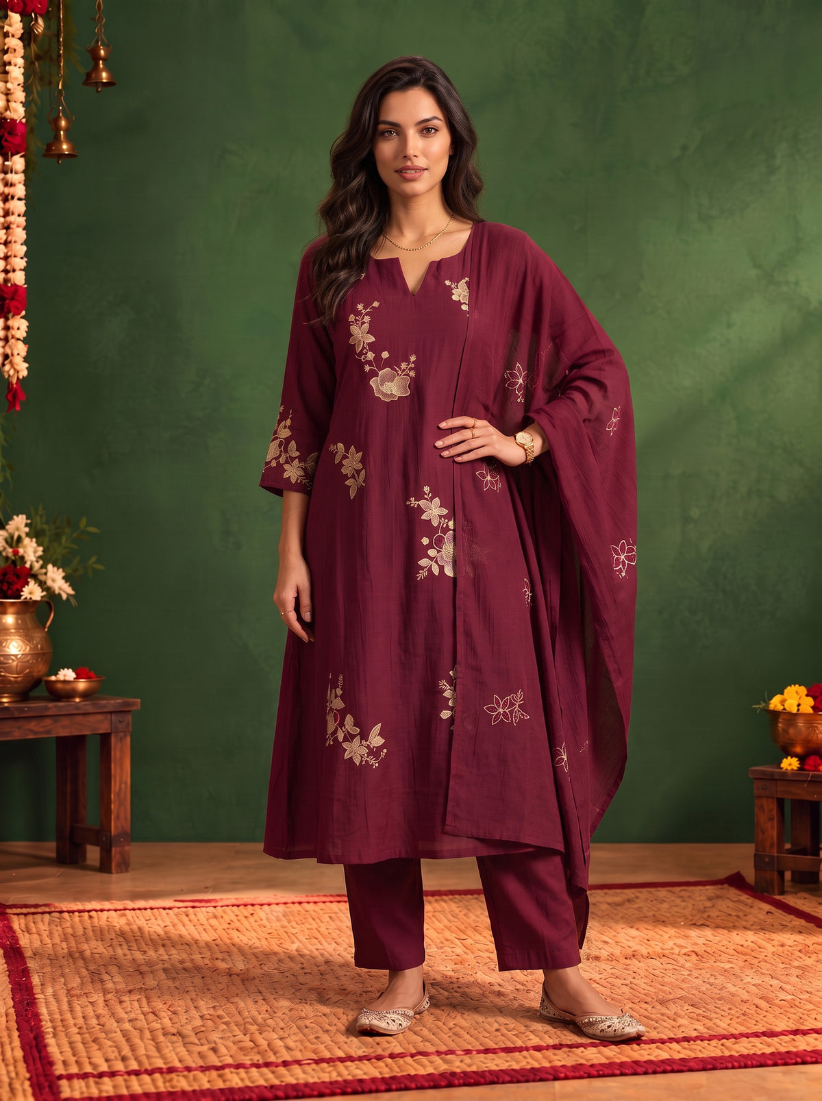 Viscose Embroidered A-Line Calf Length Kurta With Pant and Dupatta
