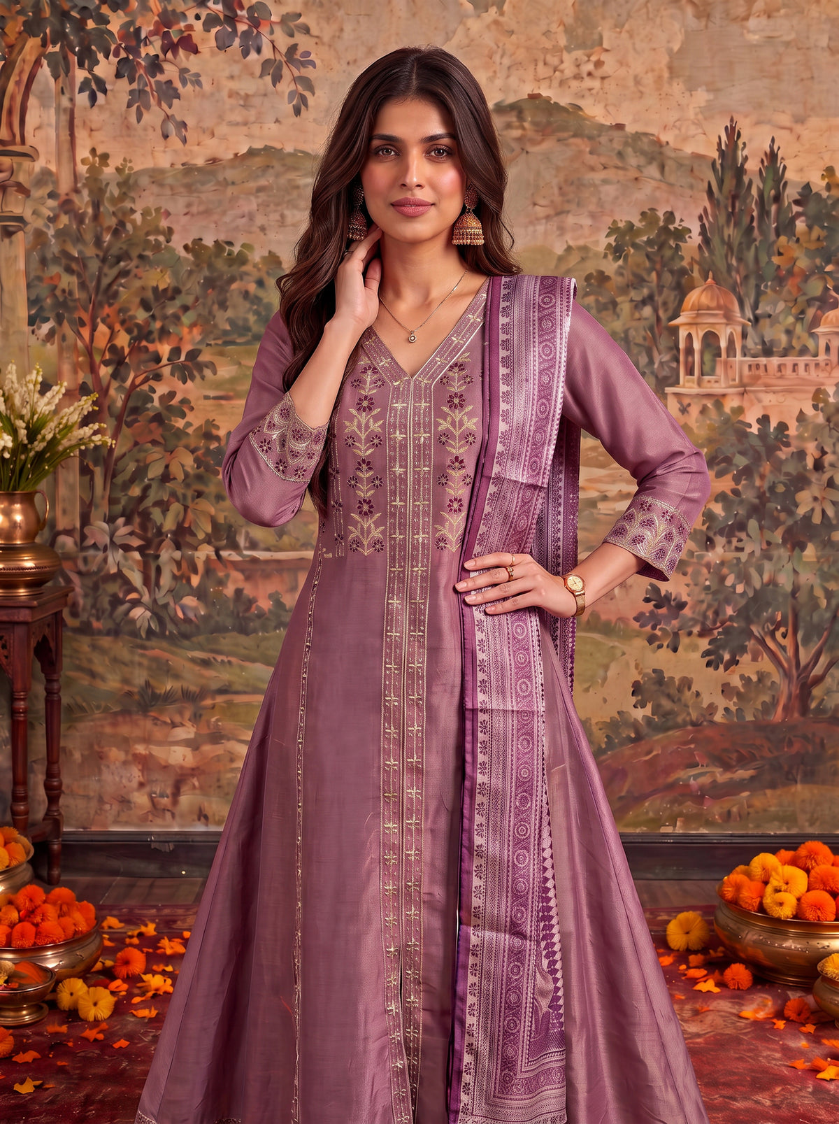 Viscose Embroidered Flared Calf Length Kurta With Pant and Dupatta