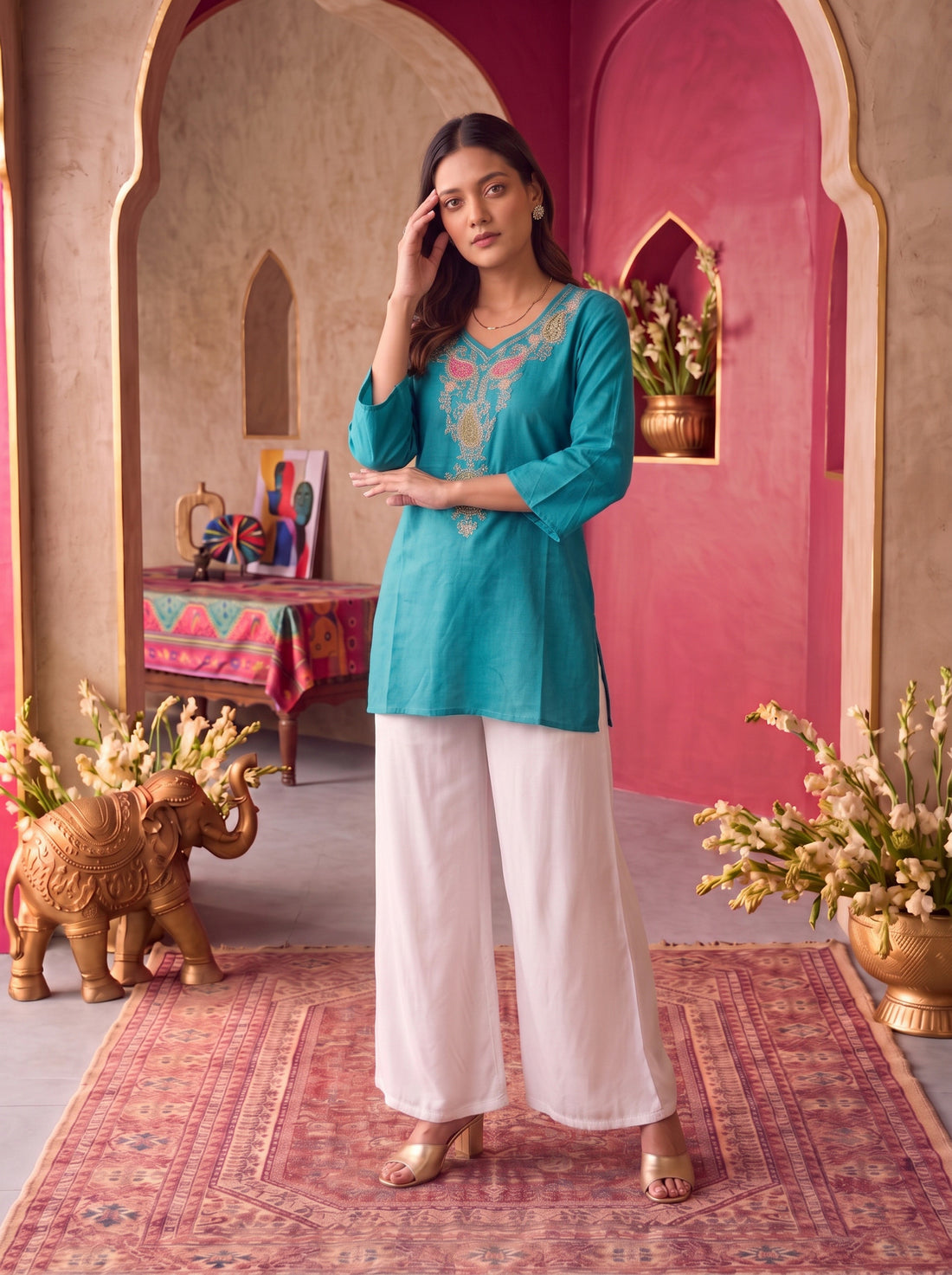Buy Rayon Embroidered Straight Short Length Short Kurta-Teal