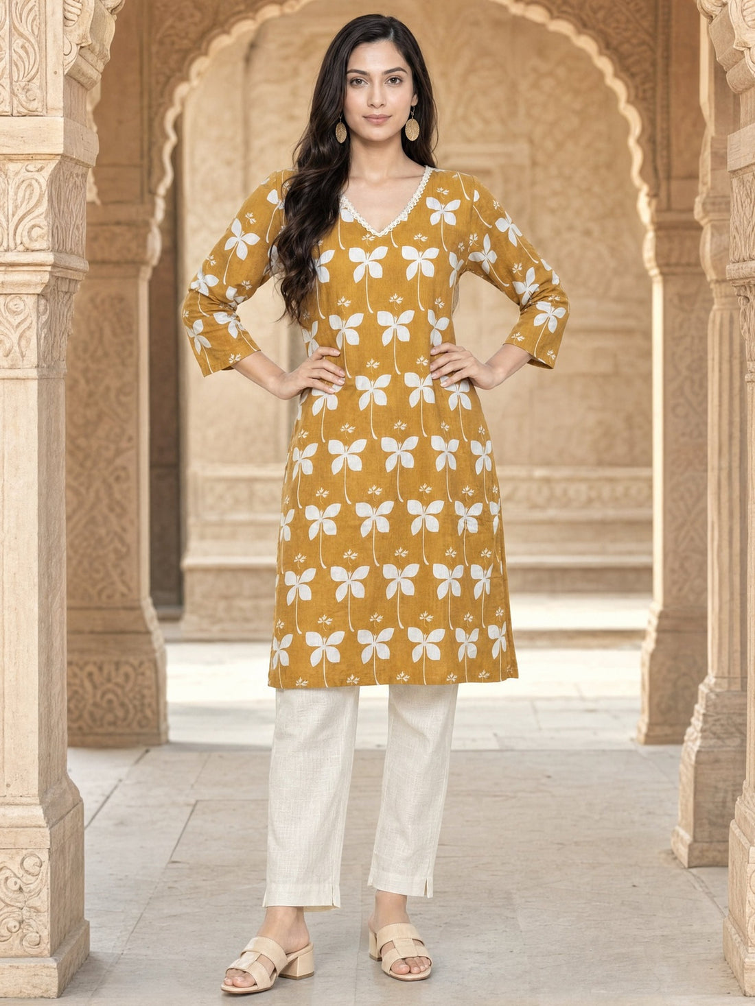 Buy Cotton Printed Straight Knee Length Kurta-Mustard