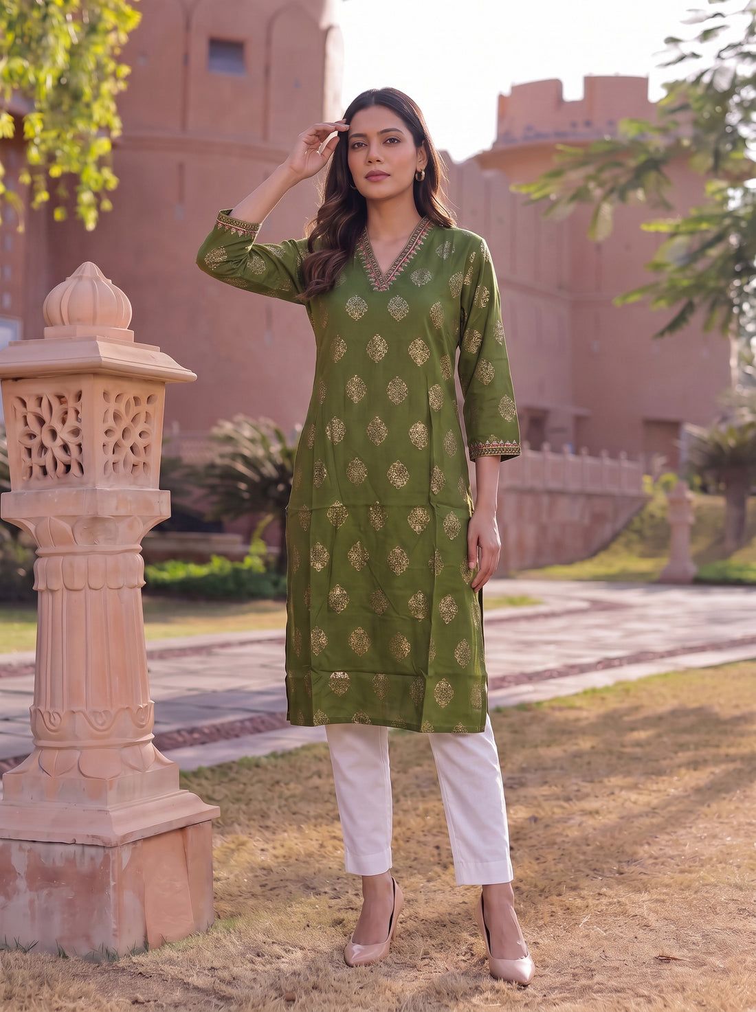 Buy Rayon Embroidered Straight Calf Length Kurta-Green