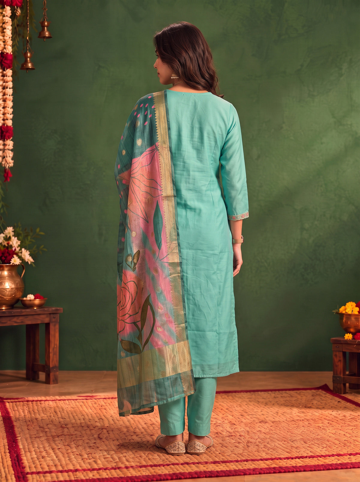 Viscose Embroidered Straight Calf Length Kurta With Pant and Dupatta