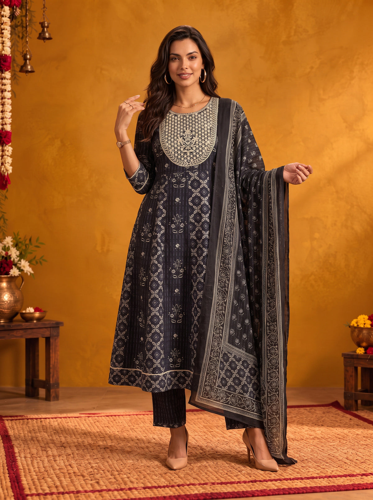 Cotton Embroidered Flared Calf Length Kurta With Pant and Dupatta