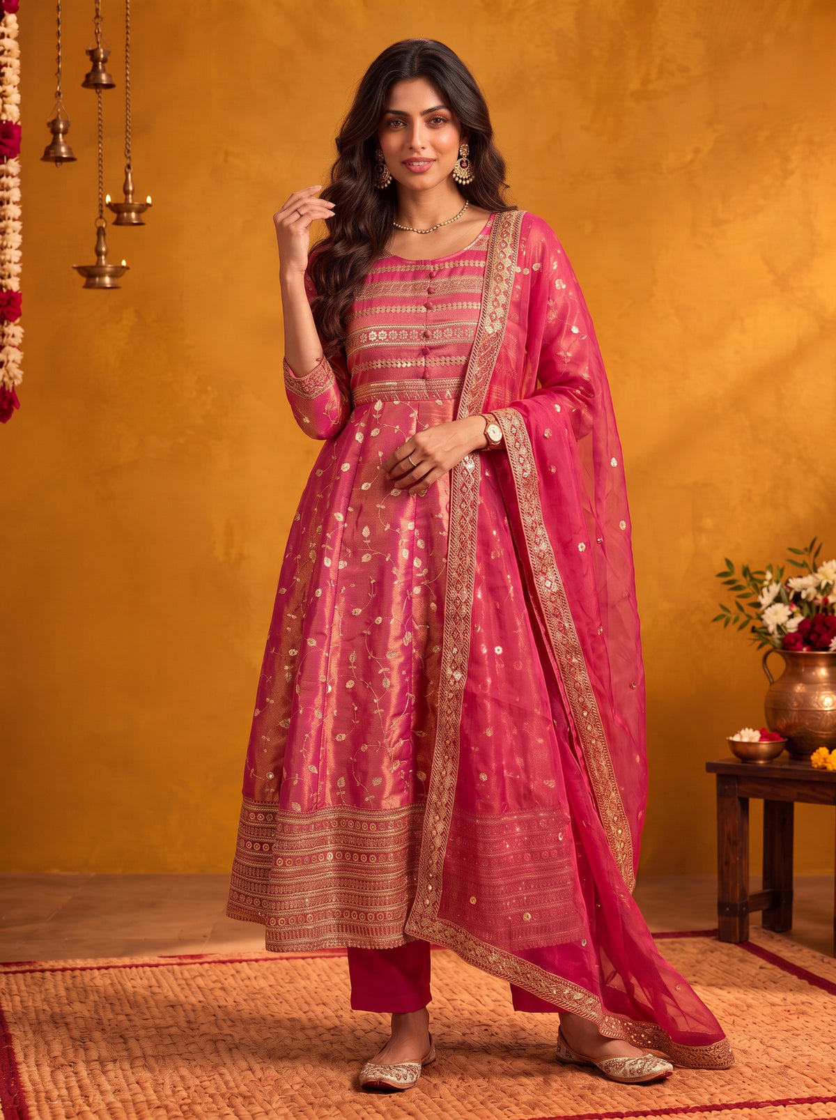 Viscose Embroidered Flared Calf Length Kurta With Pant and Dupatta