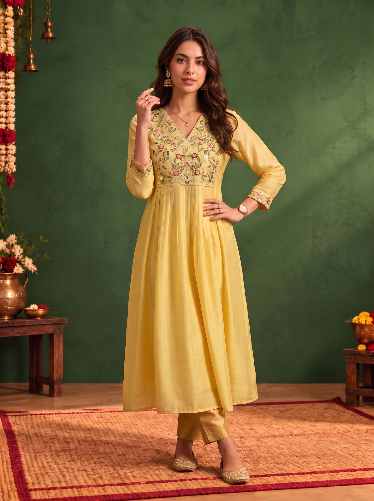 Viscose Embroidered Flared Calf Length Kurta