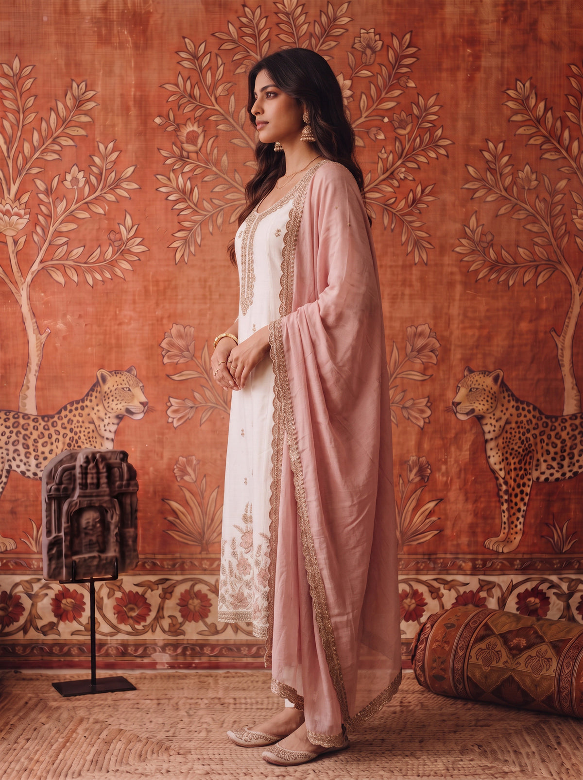 Viscose Embroidered Flared Calf Length Kurta With Pant and Dupatta