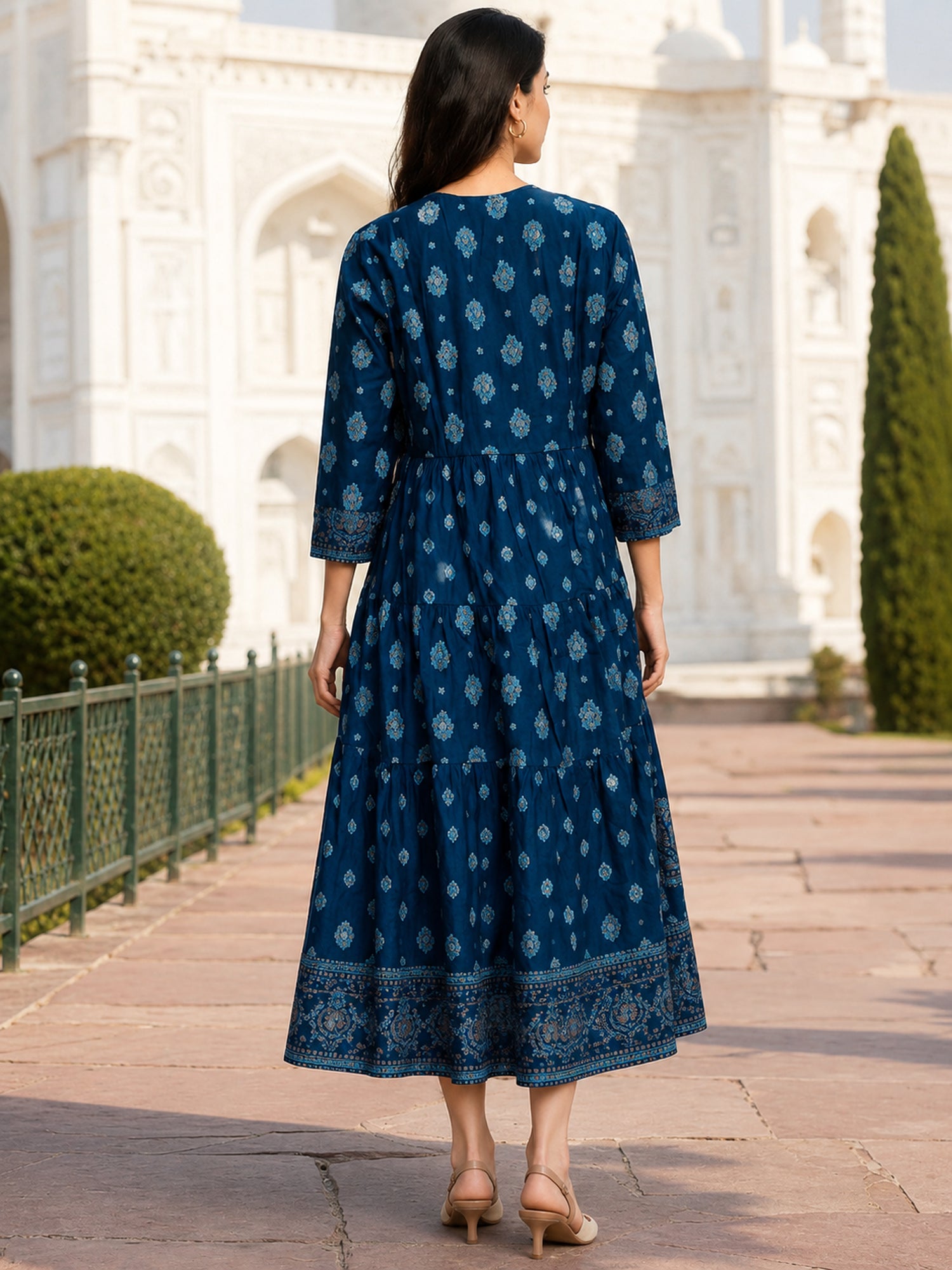 Viscose Embroidered Flared Calf Length Dress