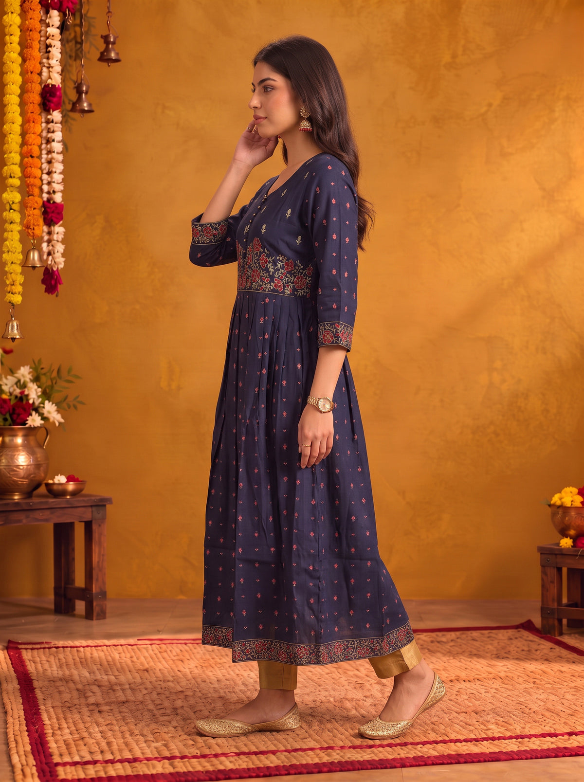Viscose Embroidered Flared Calf Length Kurta