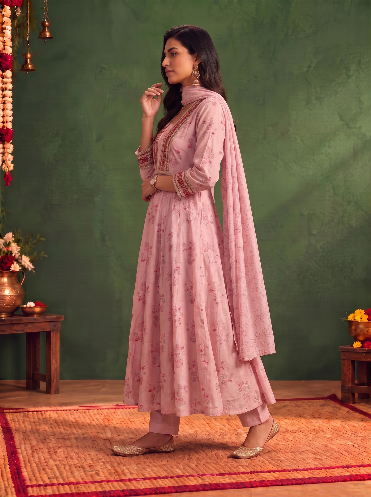 Viscose Embroidered Flared Calf Length Kurta With Pant and Dupatta