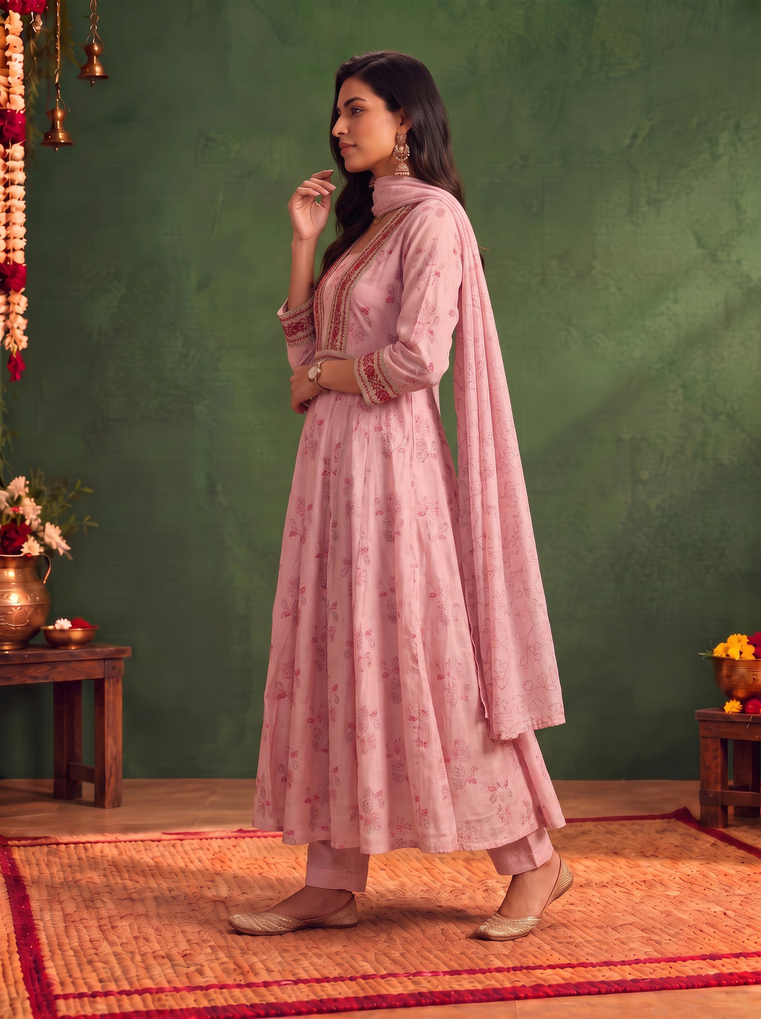 Buy Viscose Embroidered Flared Calf Length Kurta With Pant and Dupatta-Pink