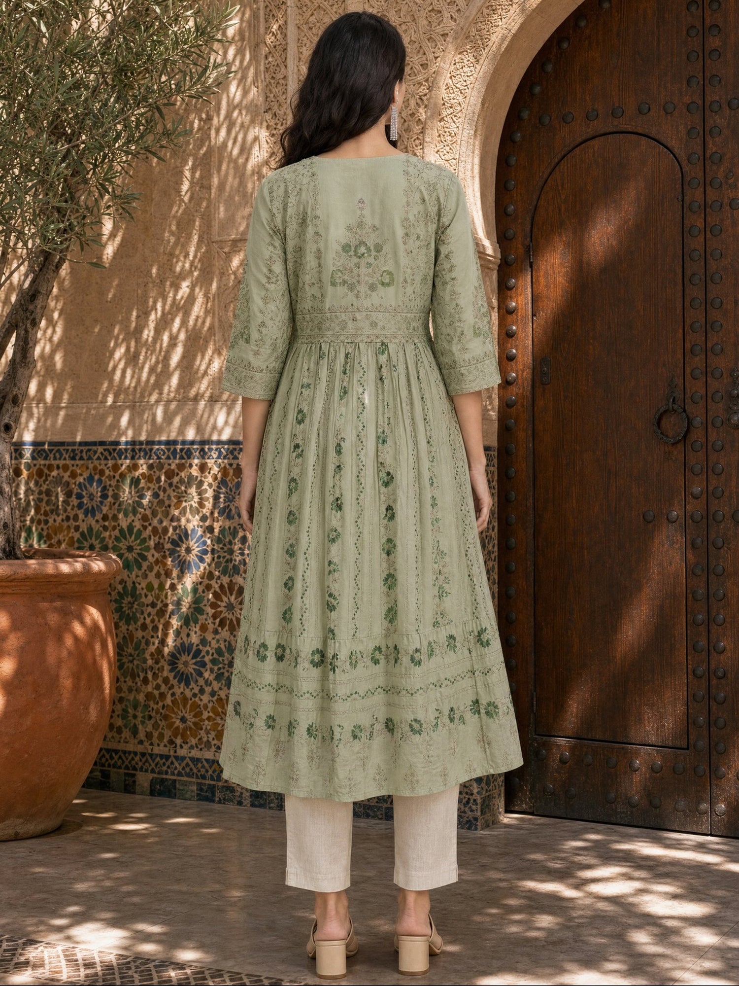 Cotton Embroidered Flared Calf Length Kurta