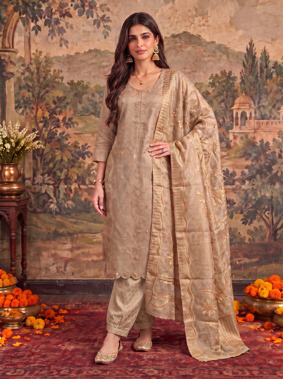 Viscose Embroidered Straight Calf Length Kurta With Pant and Dupatta