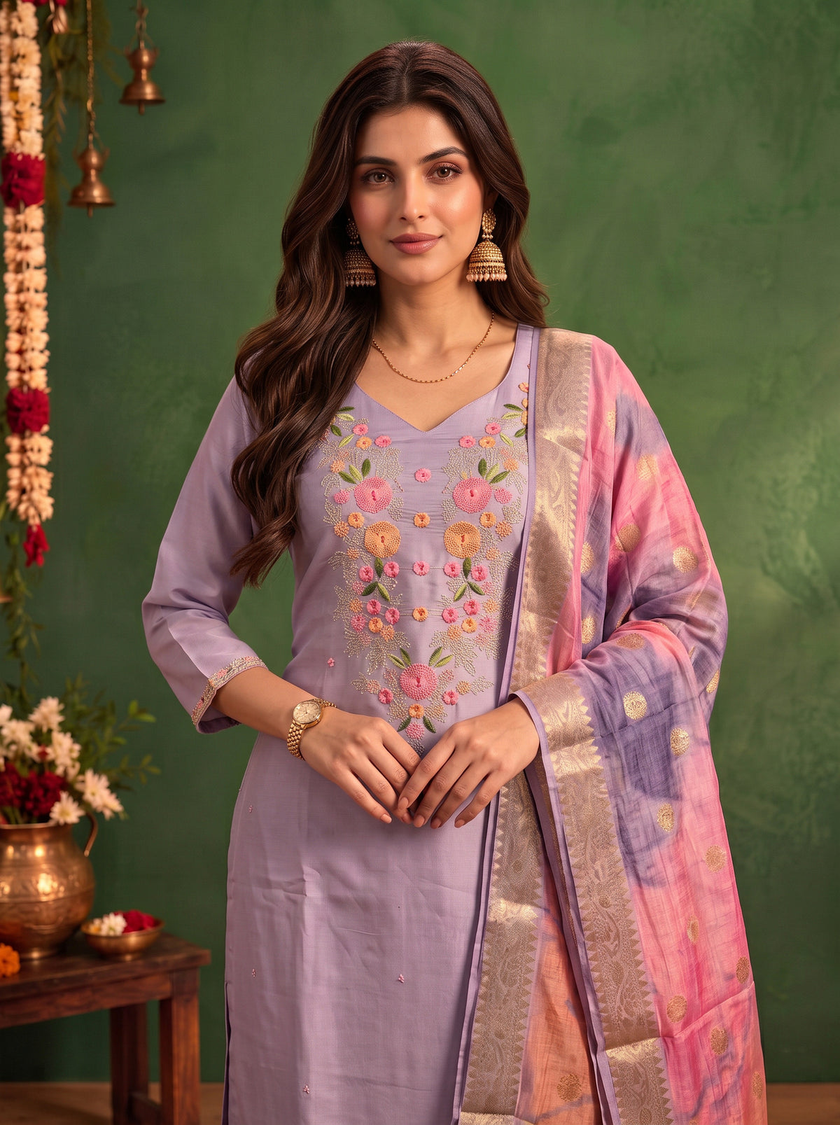 Viscose Embroidered Straight Calf Length Kurta With Pant and Dupatta