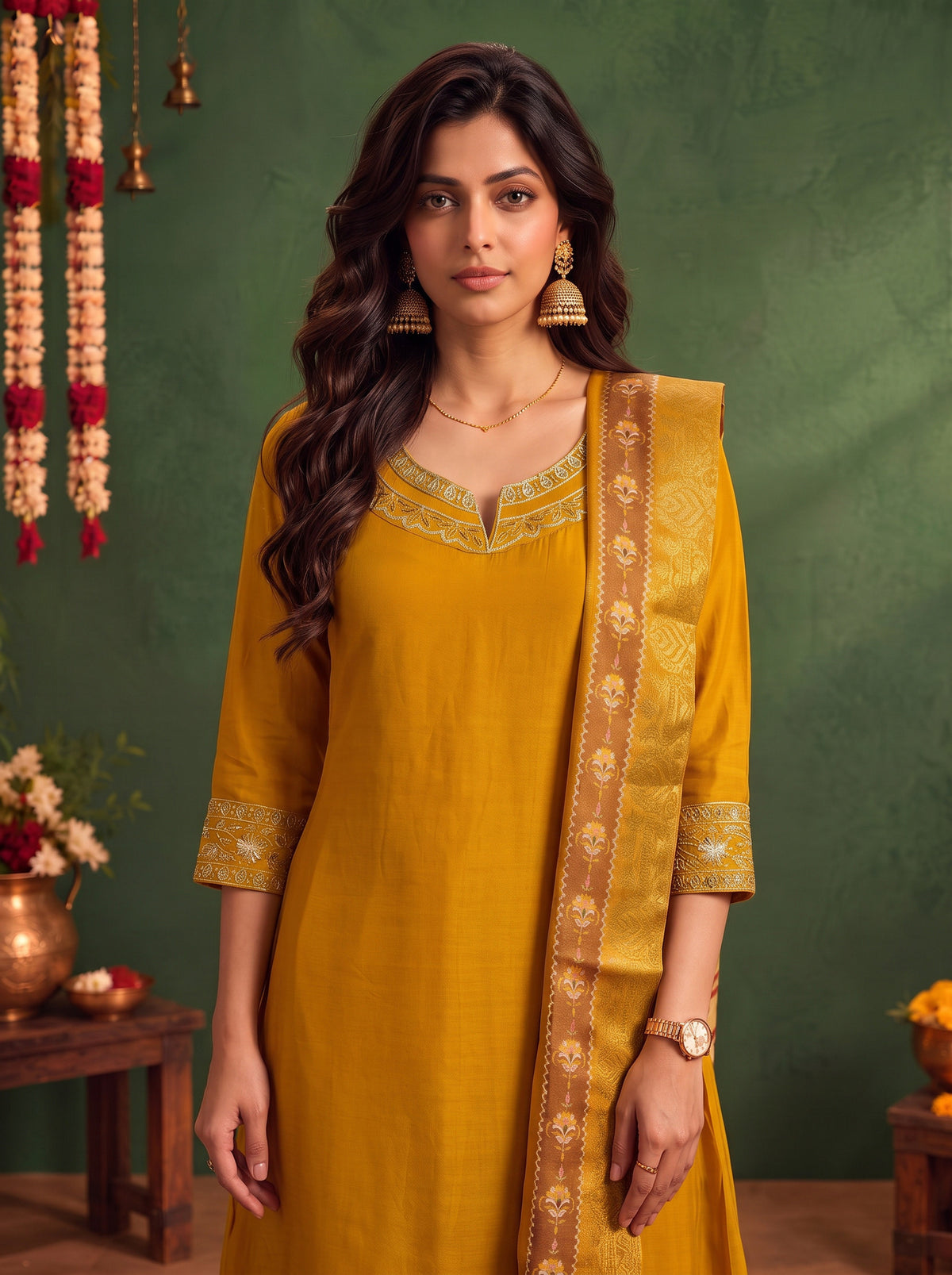 Viscose Embroidered Flared Calf Length Kurta With Pant and Dupatta