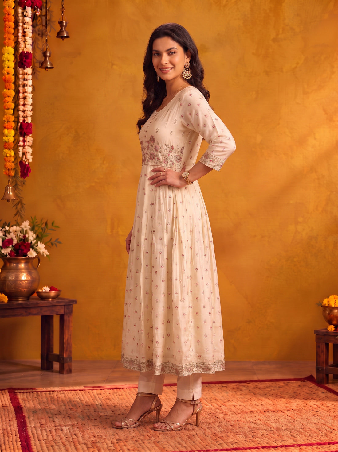 Buy Viscose Embroidered Flared Calf Length Kurta-White