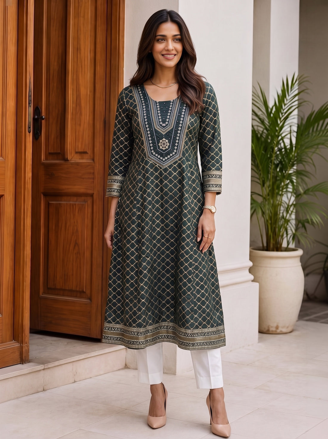Buy Viscose Embroidered Flared Calf Length Kurta-Dark Green