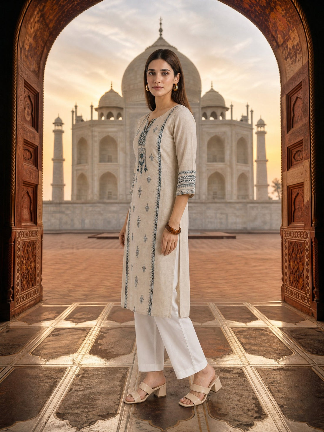 Buy Rayon Embroidered Straight Calf Length Kurta-Beige