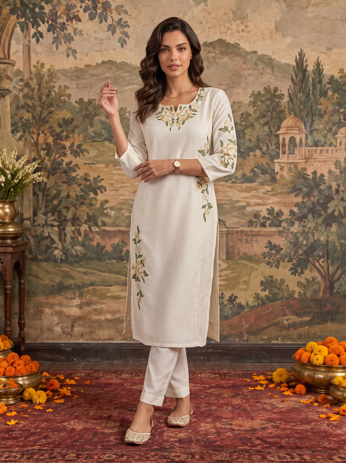 Viscose Embroidered Straight Calf Length Kurta