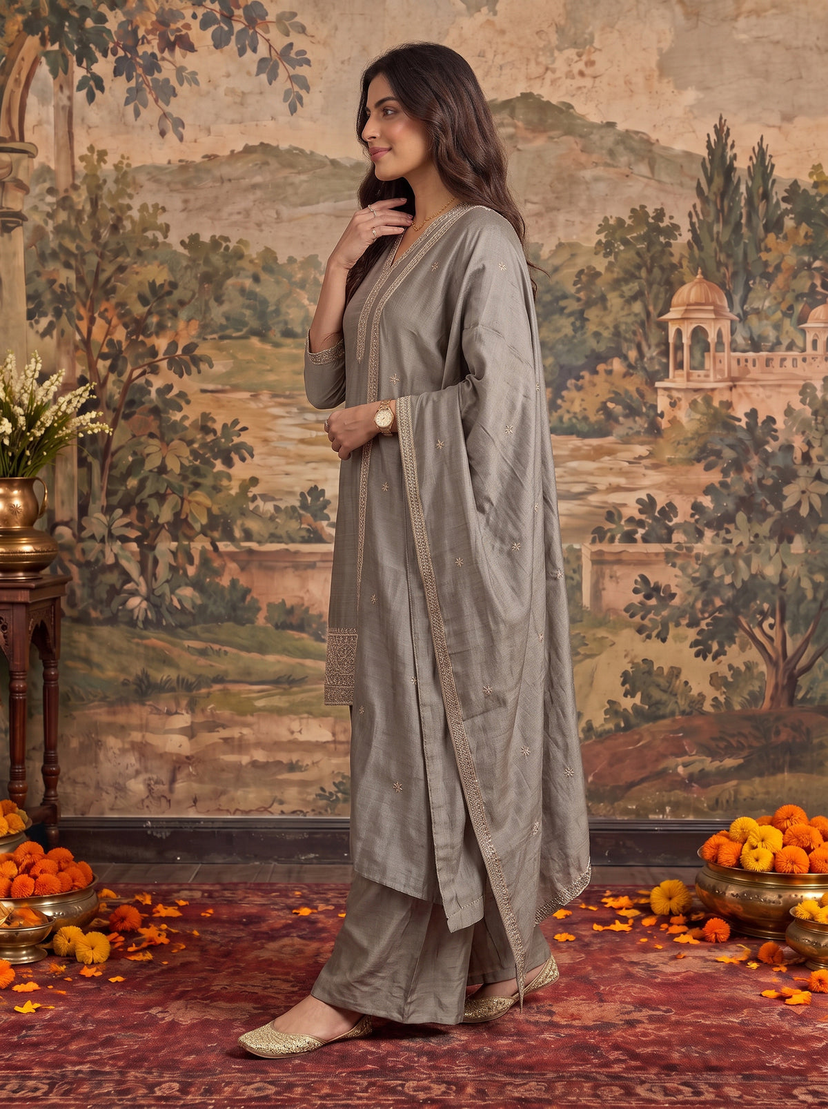 Viscose Embroidered Straight Knee Length Kurta With Pant and Dupatta