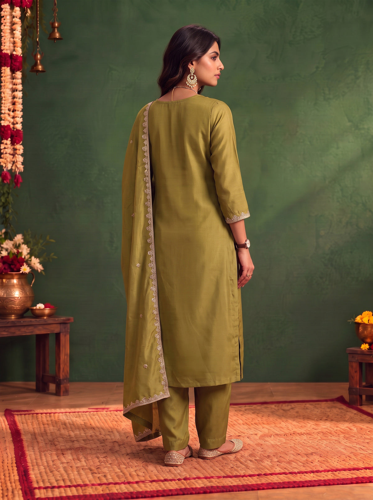 Chanderi Embroidered Straight Calf Length Kurta With Pant and Dupatta